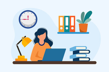 Woman with laptop, education or working concept. Table with books, lamp. Vector illustration in flat style.