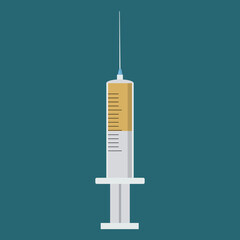 A syringe with a yellow liquid on a green background for use in clipart and web design © Елена  Барская