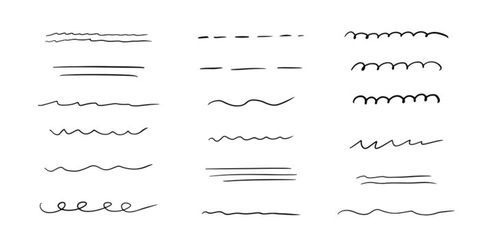 Hand drawn underline, emphasis, lines set. Brush strokes. Handmade scribble underline. Vector illustration on white background in doodle style.