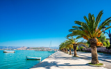 Beautiful Promenade in Morning Sunshine on the Waterfront of Nafplio, Greece 