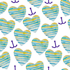 Watercolor hand drawn artistic hearts patterns, yellow and blue striped hearts, anchors pattern