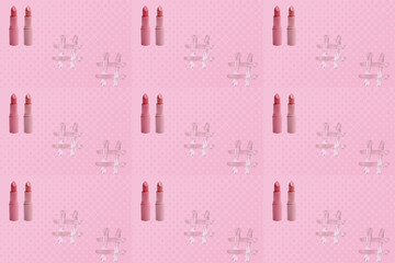 set of matte lipstick on a delicate pink background, seamless texture, pattern, red, raspberry, pink, coral, peach color, close-up, the concept of decorative cosmetics