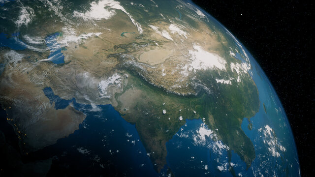 Earth in Space. Photorealistic 3D Render of the Planet, with views of India and Asia. Environment Concept.