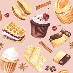 Vibrant and sweet seamless pattern with cupcakes, cookies and spices on a light cherry background. Elements are hand painted with watercolors. For kitchen decor, wallpapers, dining textile.
