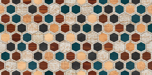 Fototapety  Seamless wood wallpaper. Decorative panel with mosaic pattern made of hexagonal wooden tiles.
