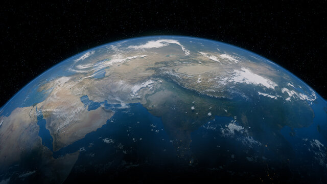 Earth in Space. Photorealistic 3D Render of the World, with views of India and Asia. Environment Concept.