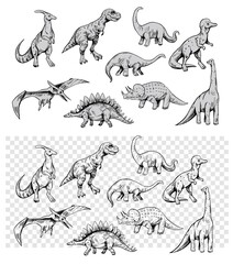 Set of dinosaurs isolated on white background,vector sketch illustration. Vintage style