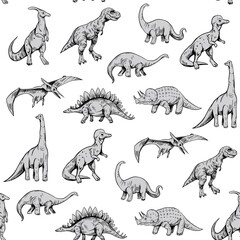 Seamless pattern. Set of dinosaurs isolated on white background,vector sketch illustration. Vintage style