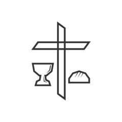 Christian illustration. Church logo. Cross of Jesus Christ, chalice of communion and bread.