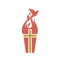Christian illustration. Church logo. The cross of Jesus Christ in the flame of the Holy Spirit.