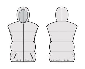 Down vest puffer waistcoat technical fashion illustration with hoody collar, zip-up closure, hip length, wide quilting. Flat template front, back, grey color style. Women, men, unisex top CAD mockup © Vectoressa