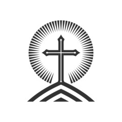 Christian illustration. Church logo. Cross of Jesus Christ on the mountain.