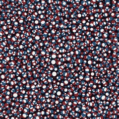 Seamless red and blue overlay circles and shapes pattern for surface print. High quality illustration. Simple minimalistic geometric deco design resembling bubbles or balloons. Contemporary modern art
