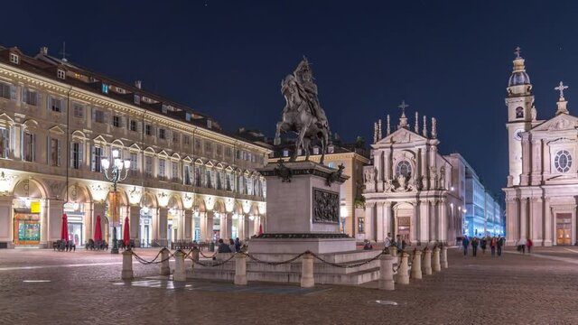 Piazza San Carlo, the aptly named "lounge" of Turin, is a miracle of elegance hyperlpase time lapse video. The churches, Chiesa San Carlo and Chiesa Santa Cristina at night hyperlapse italy turin.
