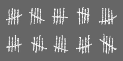 White tally marks on gray background. Chalk drawn sticks sorted by four and crossed out by slash line. Counting stripes on chalkboard. Unary numeral system signs. Vector illustration