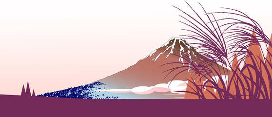 ススキと浮世絵の富士山の秋の背景イラスト