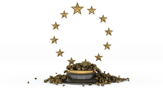 3d animation of the golden map of the European Union and the twelve stars. The map of the European Union is getting old and collapsing. The idea of the economic and political crisis in Europe.