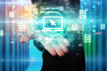 Businessman holding technology icon concept