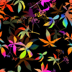 Seamless background multi-colored grape leaves. Rainbow print. Mixed media. Vector illustration