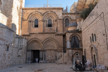 Fototapeta na wymiar View of the entrance to the Church of the Holy Sepulchre, Jerusalem Old City. The church under reconstruction.
