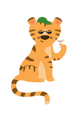 Tiger in sun protection glasses and a cap with a cocktail.Vector image.