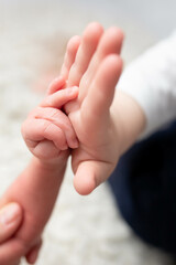hand of a newborn and an older child. small and large hand of children