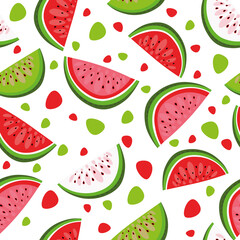 Seamless watermelon pattern, on a white background with figures. Suitable for decorating clothes, fabrics, packaging, notebooks. Multicolored watermelons, bright, fresh fruits seasonal.
