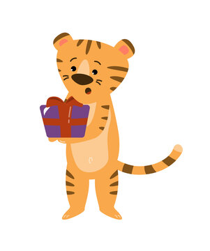 Tiger with a gift in his hands.Vector image.