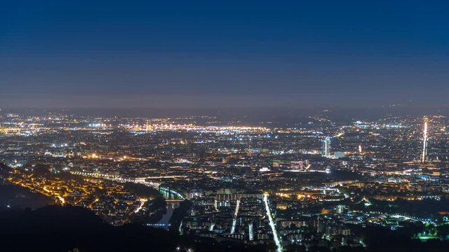 Turin skyline aerial view time lapse from day to night torino italy city view from above.