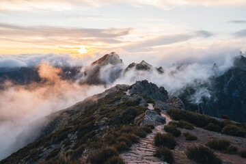 Scenic view on the trekking path from Pico Arieiro to Pico Ruivo during sunset in Madeira Portugal....