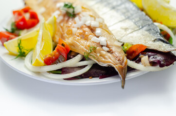Hot smoked scottish mackerel fillets with onions, tomato and salad