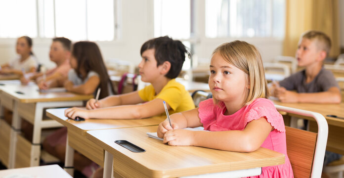 Portrait of cute intelligent schoolgirl who writing exercises at lesson in primary school