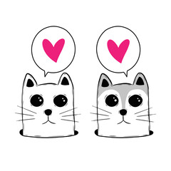 Cute lovely cats. Hand-drawn cats with dialogs clouds with hearts. Pink hearts. Vector illustration isolated.