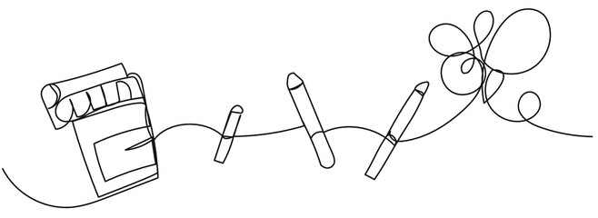 Pack with cigarettes in one line on a white background. Illustration with smoking cigarettes. Vector layout of tobacco sale.