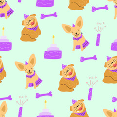 Seamless pattern with dogs in cake caps.