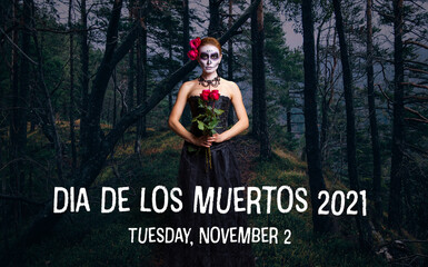 young woman with sugar skull makeup, showing Calavera Catrina. Dia de los muertos. Day of The Dead....