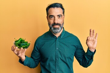 Middle age man with beard and grey hair holding green apples doing ok sign with fingers, smiling friendly gesturing excellent symbol