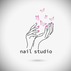 Beautiful female hands. Nail studio. Nail polish logo. pink butterflies. vector illustration