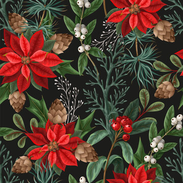 Seamless pattern with poinsettia, pines and hollyberries. Christmas background