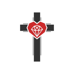Christian illustration. Church logo. Diamonds inside the heart on the cross.