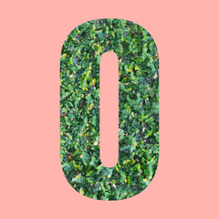 Alphabet letters of shape O in green leaf style on pastel pink background.