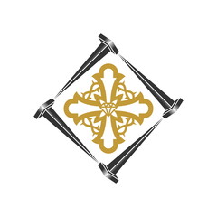 Christian illustration. Church logo. Stylized cross framed by crucifix nails.