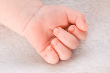 Baby hand of a baby close up.

The baby's hand is clenched in a fist on the left on a white fluffy fleece blanket, a very close-up top view. Birth, motherhood and health concept.