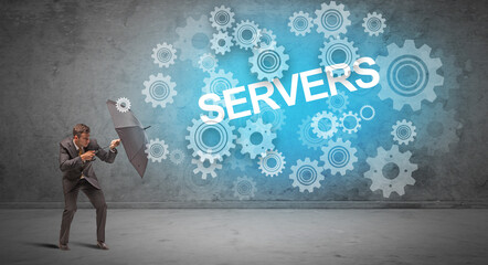 Fototapeta premium Businessman defending with umbrella