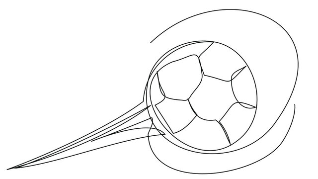 Flying ball in one line on a white background. Stock illustration with soccer sign. Kick the ball on goal.