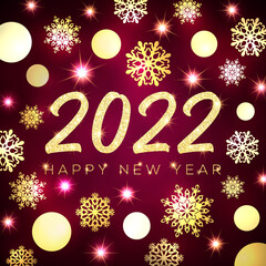 Happy New Year 2022 greeting card design. Gold glitter glowing Christmas circle balls snowflakes stars on dark red background. Golden New Year celebration banner Holiday decoration vector illustration