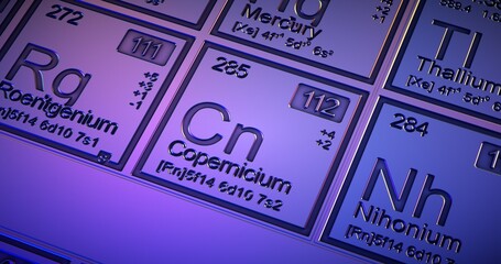 Copernicium. Closeup periodic table of the elements.