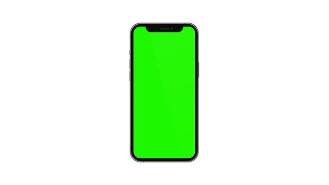 Mobile phone with blank green screen, front view, isolated on white background. 4K animation for presentation on mockup screen