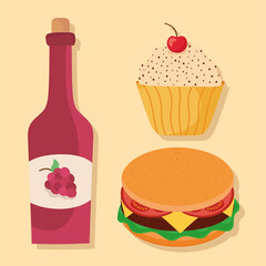 bottle of wine, hamburger and cupcake