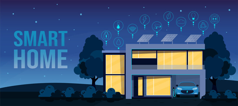 Eco friendly, smart house concept with flat style icons. Modern house exterior with solar panels on the roof and electric car charger in the garage. Smart home front view at night. Web banner